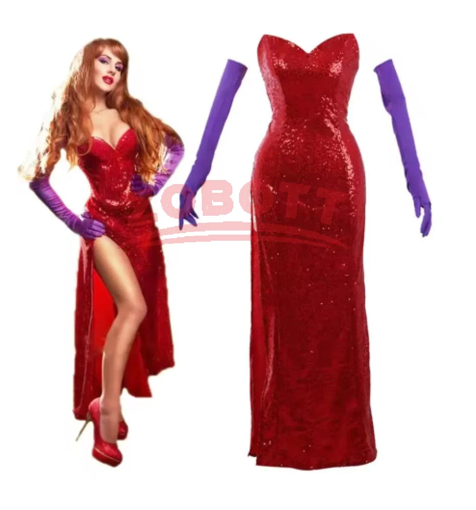 

Movie Who Framed Roger Rabbit Jessica Cosplay Costume Sexy Tube Sleeveless High Split Sequined Dress Suits Halloween Party