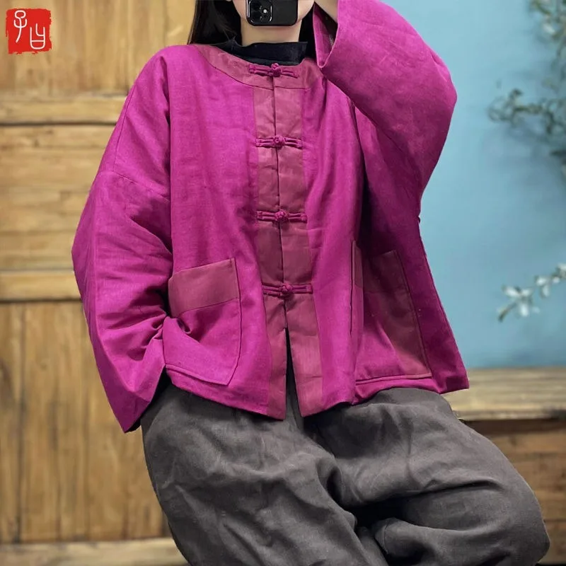 

Женское стеганое пальто из хлопка и льна в китайском стиле, новинка 2025, осень-зима, свободная женская верхняя одежда с длинными рукавами и лягушкой на пуговицах