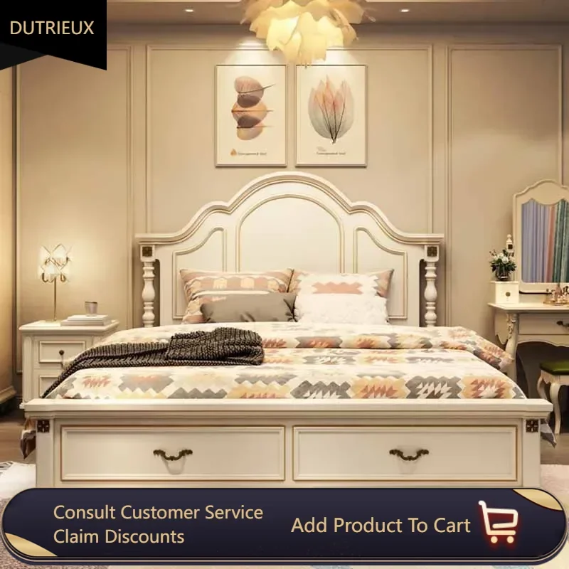 

High End Kawaii Double Bed European Bedroom White Wood Headboard Luxury Beds Queen Twin Modern Camas De Dormitorio Furniture