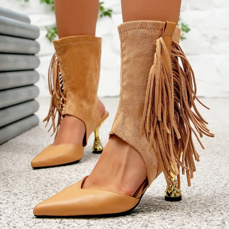 

Retro Tassel Women's Summer Boots Designer Luxury Pointed Toe High Heel Boot Sexy Exposed Insteps Design Ankle Boots Woman