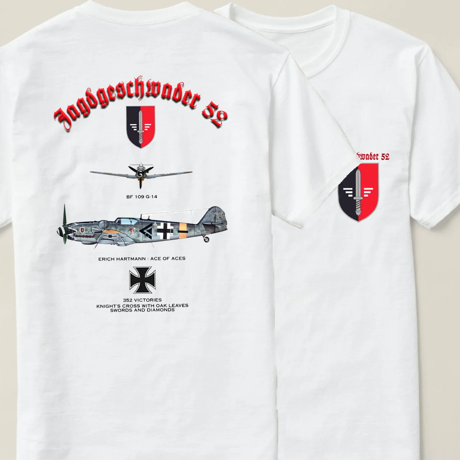 

WWII German JG 52 Ace Pilot Erich Hartmann Bf-109G-14 Fighter T-Shirt 100% Cotton O-Neck Summer Short Sleeve Casual Mens T-shirt