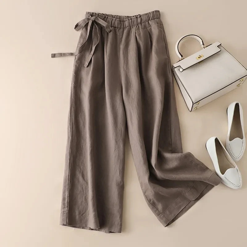 루즈 팬츠 여름 여성 얇은 바지 미적 스타일 탄력 허리 솔리드 팬츠 올매치 캐주얼 와이드 레그 코튼 린넨