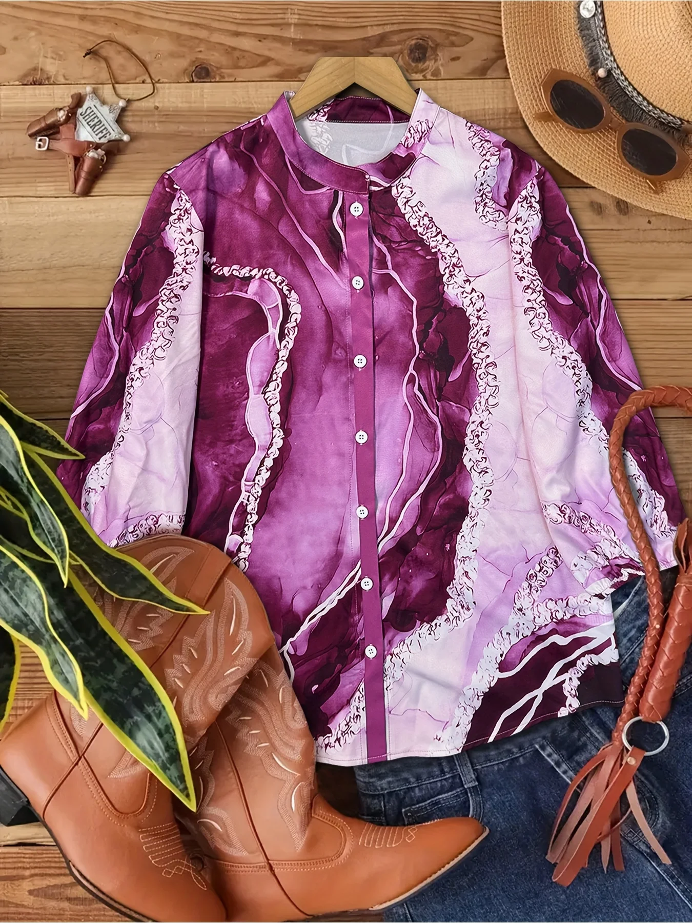 Western leisure vacation ethnic style geometric print three-quarter sleeve trumpet sleeve women's shirt