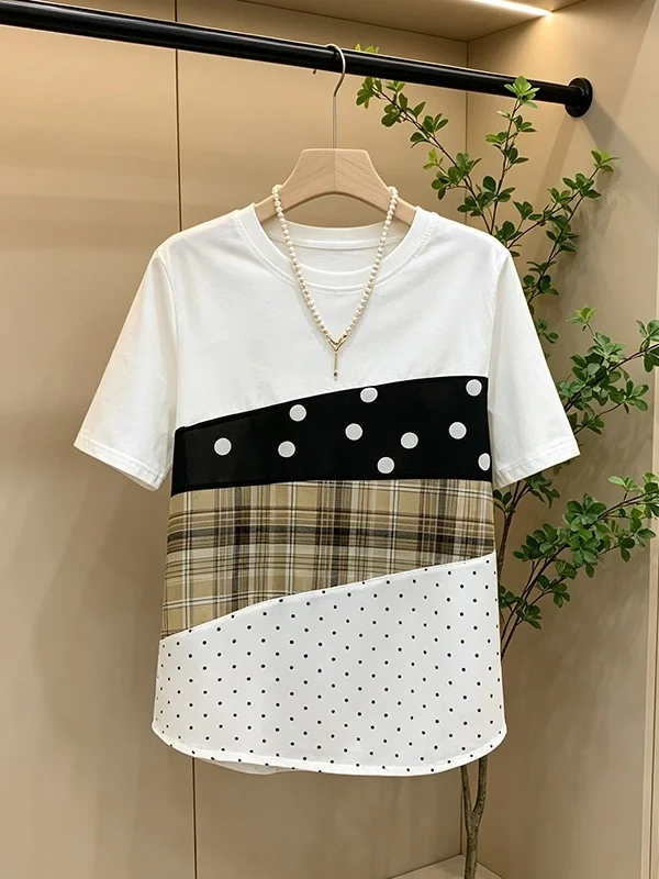 

Summer New plus Size Polka Dot Plaid Splicing T-Shirt Women's Casual Style Design Sense Top round Neck Short Sleeve Loose Fit