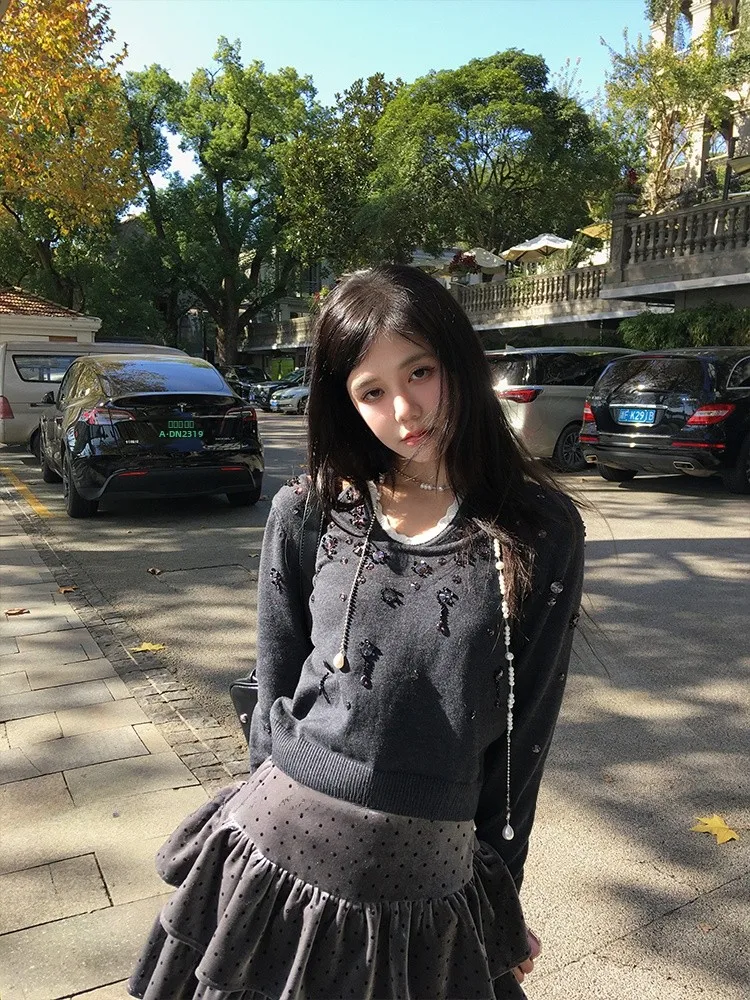 

Forlions Heavy Du Beaded Knitwear Nelace Autumn Winter New Arrival Ele Sle Fake Two-Piece Knitted Sweater
