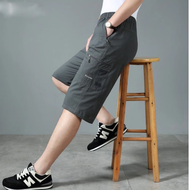Fashion Zipper Pockets Embroidery Straight Cargo Casual Pants Men's Clothing 2024 Summer New Loose Elastic All-match Capri Pants