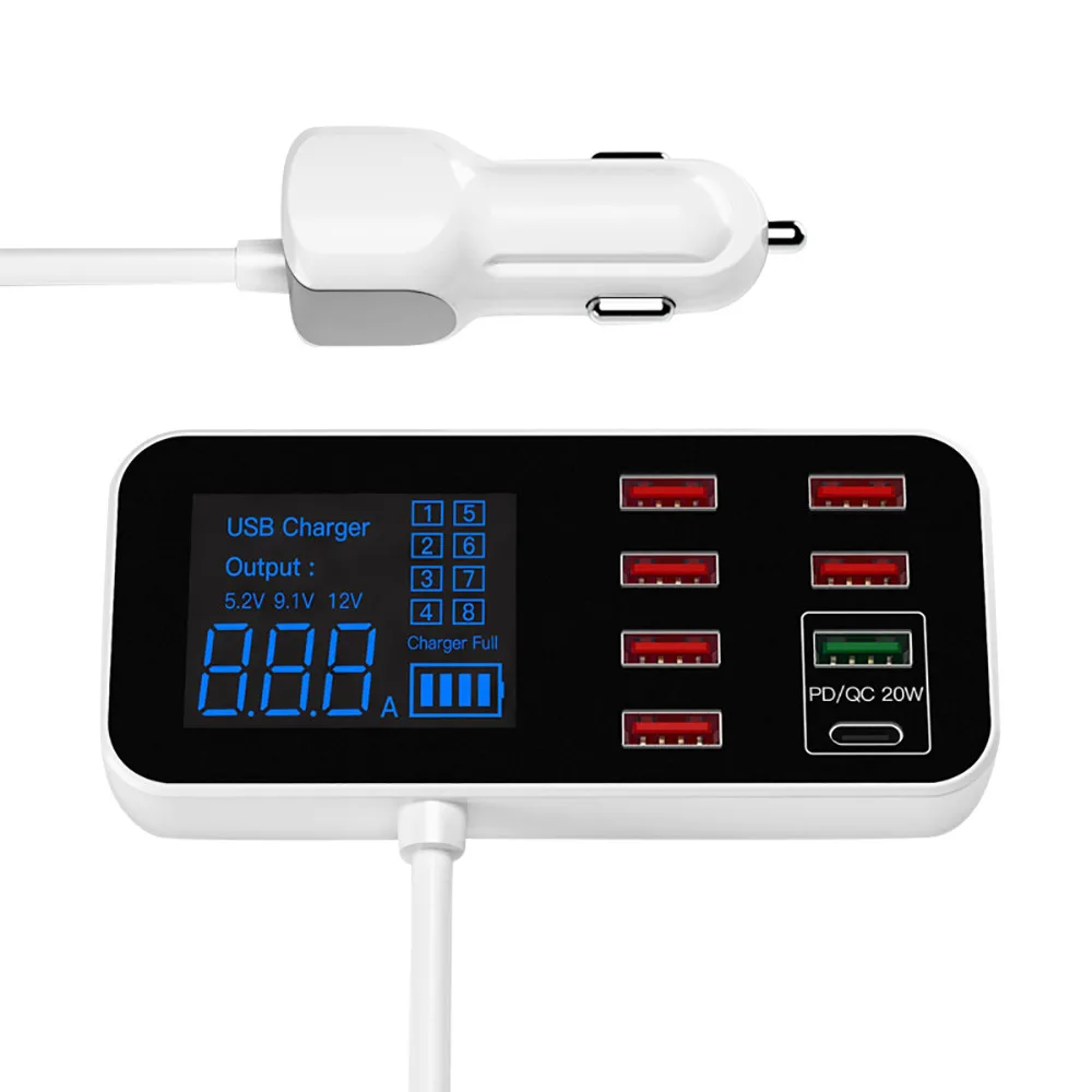 8A 40W USB Phone Charger QC3.0 USB C Type C Fast Charger 8 Ports 2.4A Digital Display Charging Station Portable Travel Charger