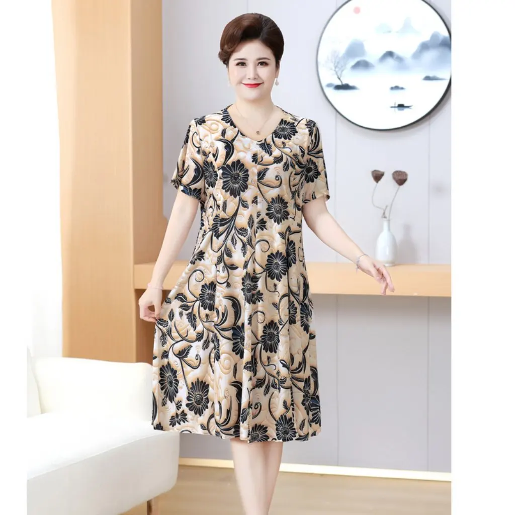 

Модное платье средней длины больших размеров с коротким рукавом, женская одежда для среднего и пожилого возраста, летнее новое поступление
