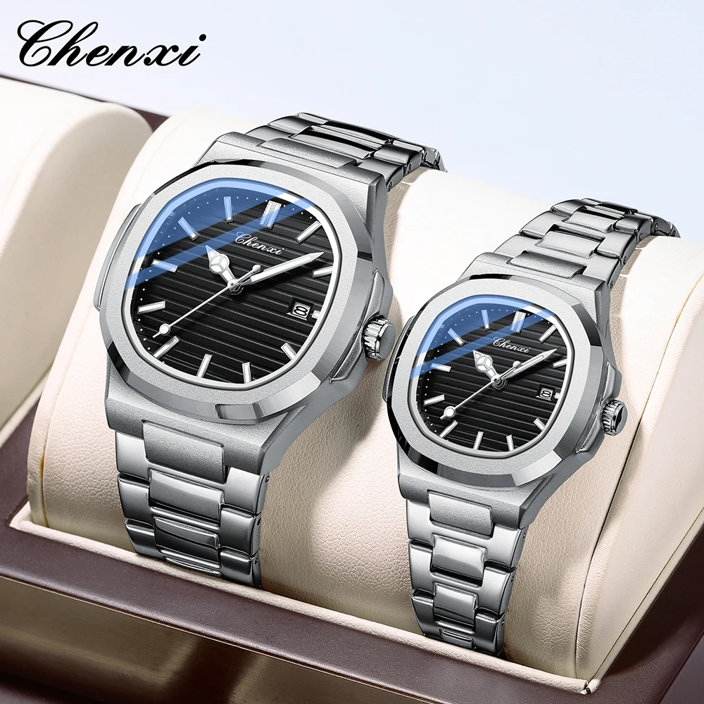 CHENXI Fashion Couples Watches Waterproof Silver Quartz Lover Wristwatches Set Calendar Luminous Couple Watch for Men Women