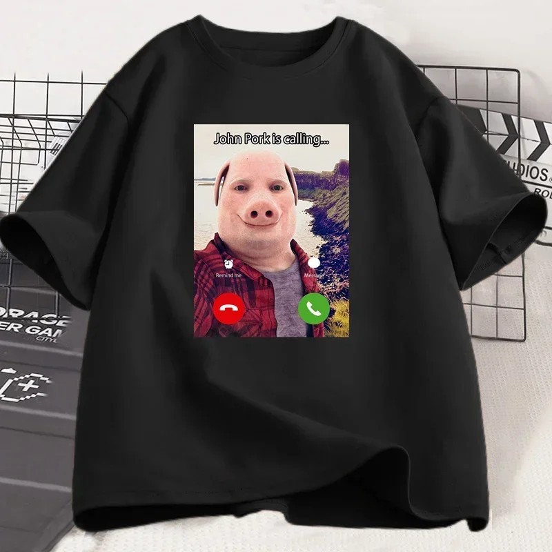 John Pork Is Calling T Shirts Funny Graphic Tee Top Oversized Cotton Humor Pig Meme Design Mens Clothes Streetwear