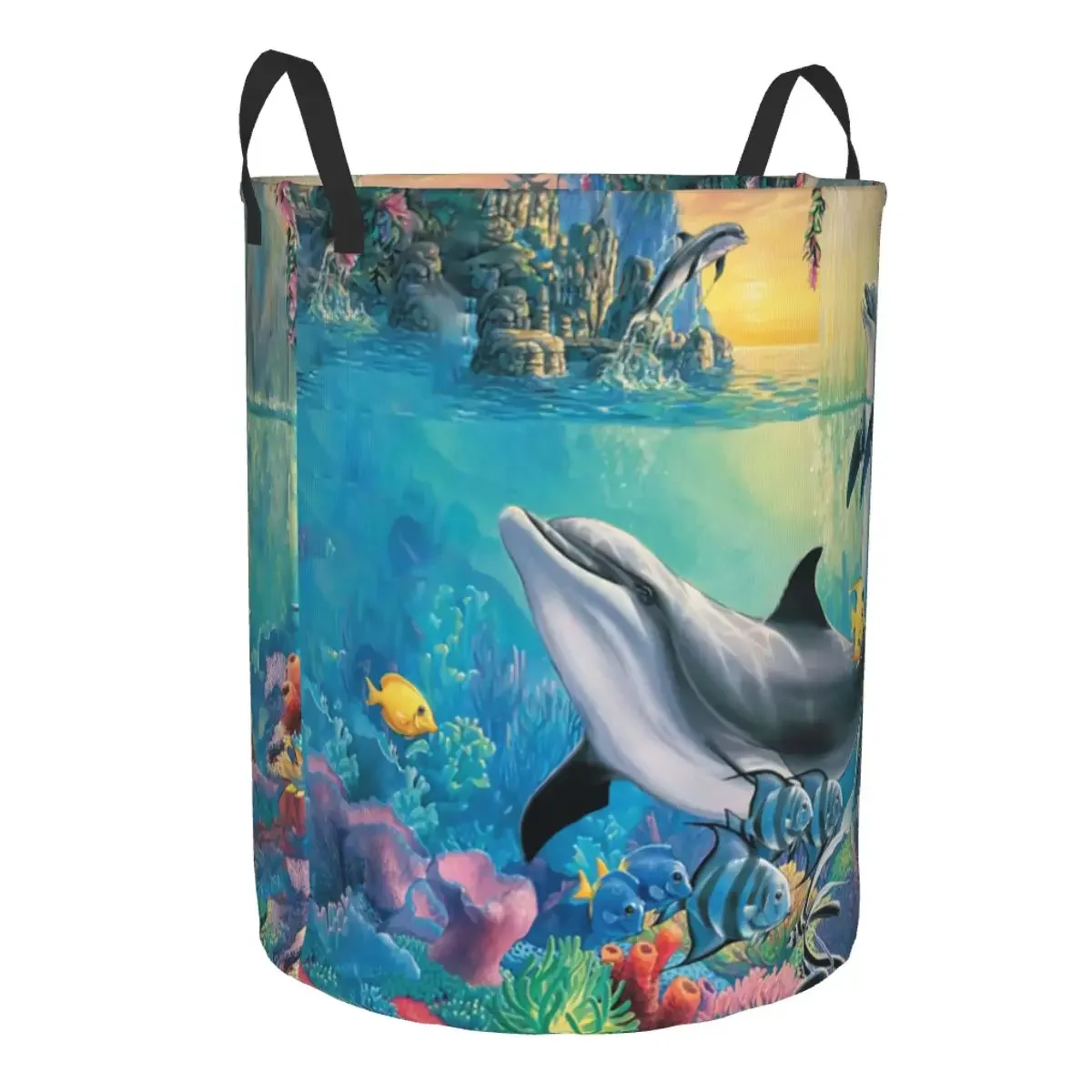 Happy Dolphins Fish Laundry Basket Collapsible Sea Creature Ocean Animal Clothes Hamper For Baby Kids Toys Storage Bag