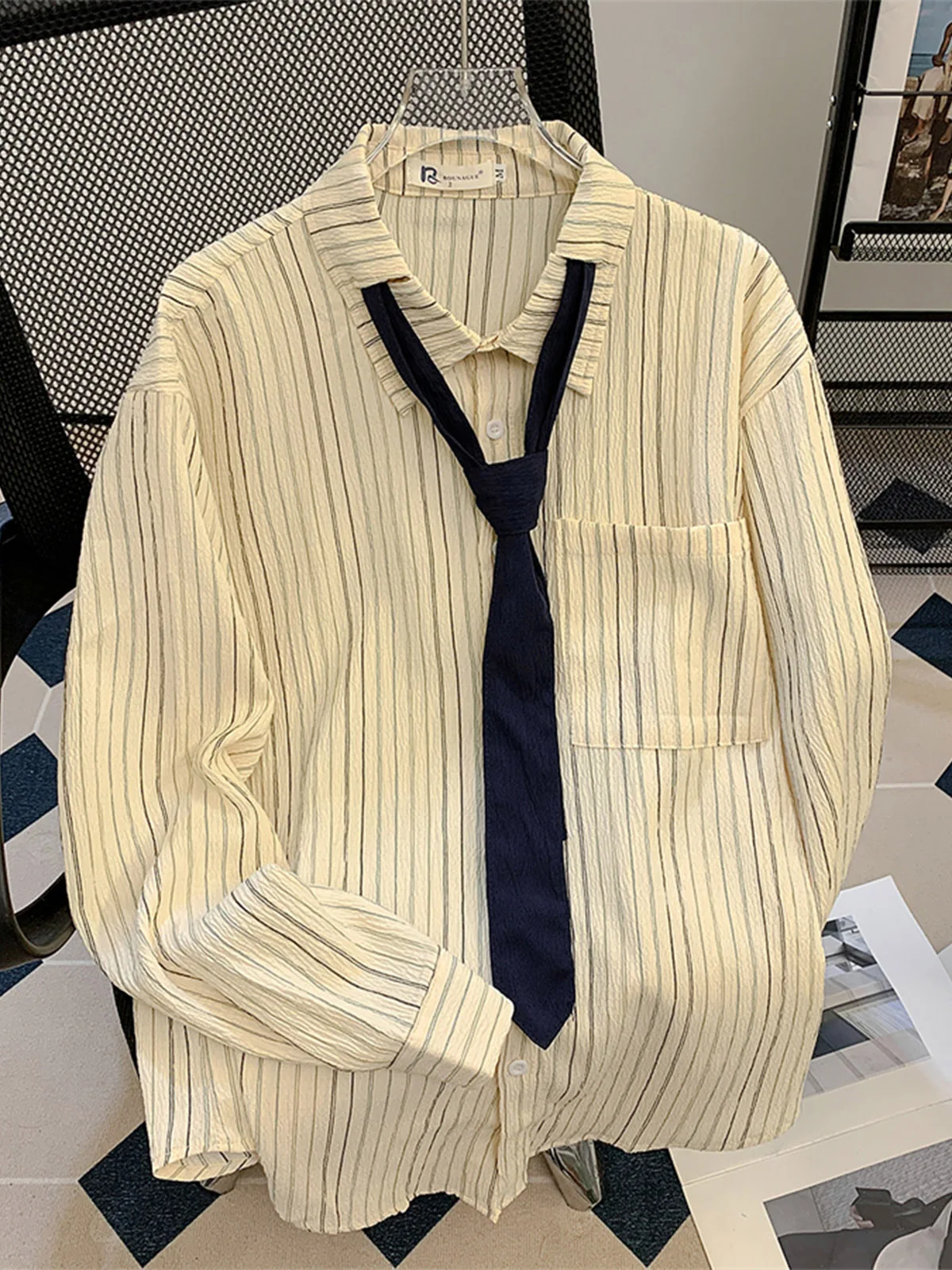 American Retro Long Sleeve Shirt Men's Tie Design Lightweight Casual Spring Autumn Drapey Striped Shirt Versatile Casual Shirt