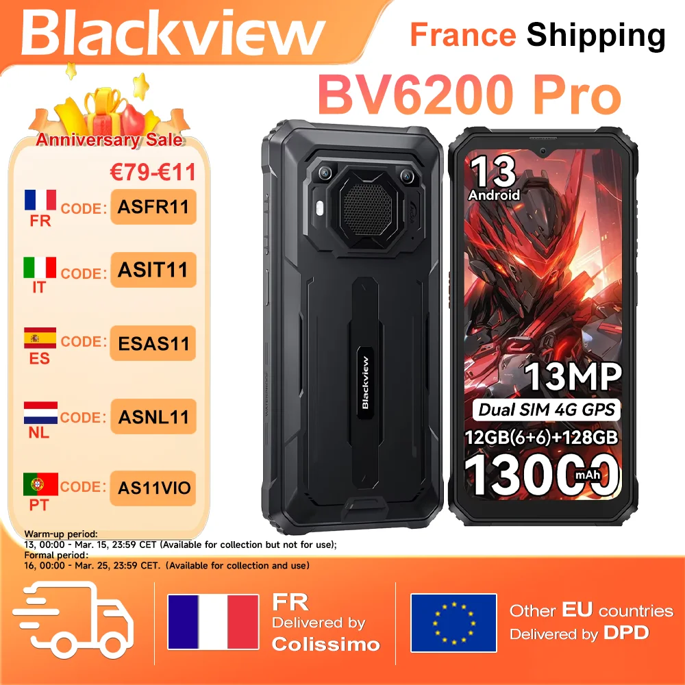 Blackview BV6200 Pro [pas de chargeur UE] Smartphone robuste 12 Go (6 + 6) 128 Go 13 000 mAh 6,56" Android 13, 13 MP, double SIM 4G GPS