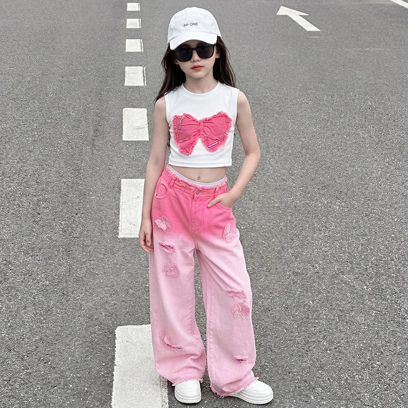 

Teenage Girls Clothing Sets Hot Deals Bow Crop Top+Hole Wide Leg Jeans with Butterfly 2Pcs Fashion Gradient Child Clothes Suits