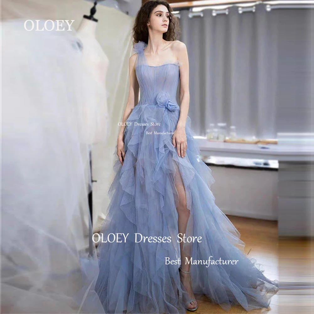 

OLOEY Elegant Strapless Dusty Blue Evening Dress Ruffles Silky Organza Floor Length Wedding Party High Slit Performance Gown