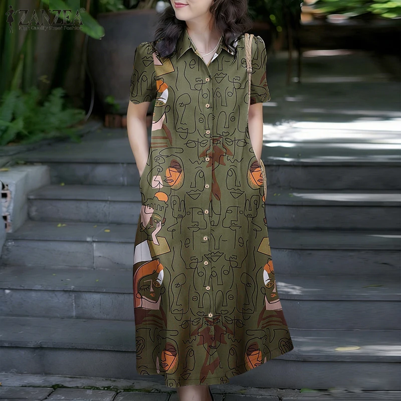 

Летнее платье-рубашка ZANZEA 2026 для женщин, стильное платье с принтом, отложным воротником, коротким рукавом, для работы, повседневное, в стиле бохо, для отпуска, миди-платье
