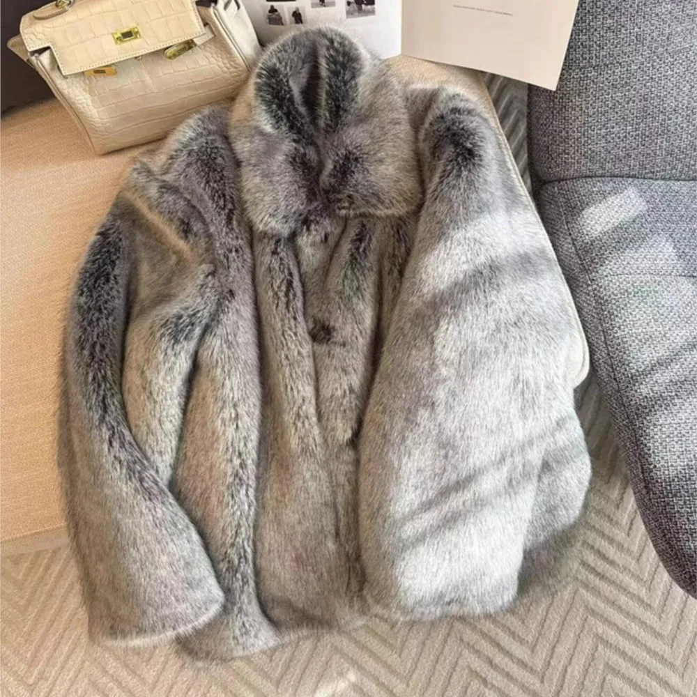 Winter Gradient Gray Lapel Collar Hairy Shaggy Faux Fur Coat Retro Full sleeve Furry Fur Women Covered Buttons Loose Outerwear