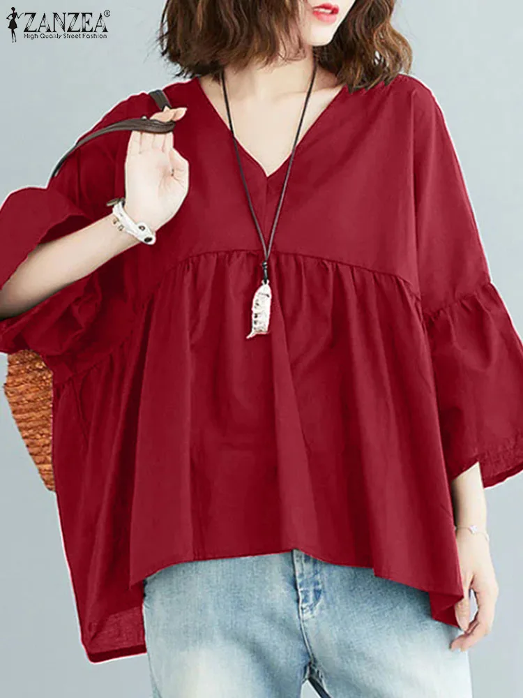 ZANZEA 2024 Autumn Flare Sleeve Tunic Tops Women Casual Solid Color Blouse Fashion Pleating V-neck Shirt Loose Blusas Femininas