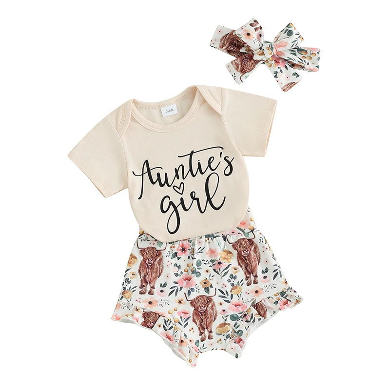 Girls 3 Piece Set Short Sleeve Letter Print Romper + Elastic Waist Frill Trim Shorts + Headband Aunties Bestie Baby Clothes