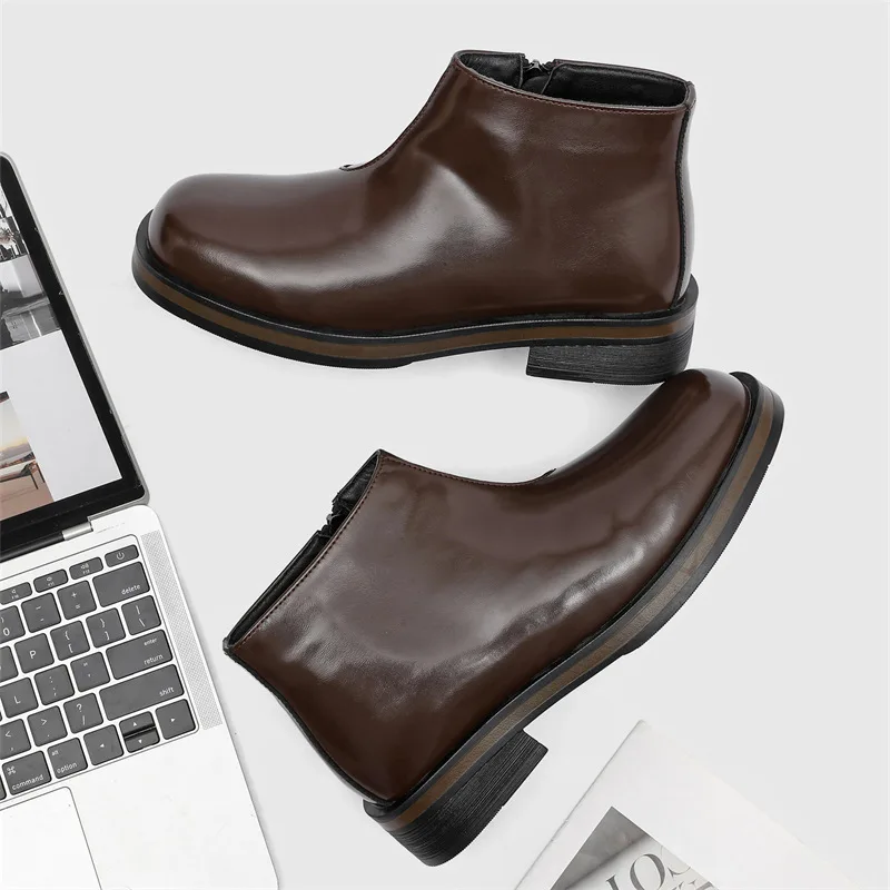 สไตล์อังกฤษบุรุษธุรกิจลำลองสำนักงานรองเท้าบูทเชลซีสีดำสีน้ำตาลรองเท้าคาวบอยรองเท้าหนังแท้แพลตฟอร์มข้อเท้าบอตตาสชาย
