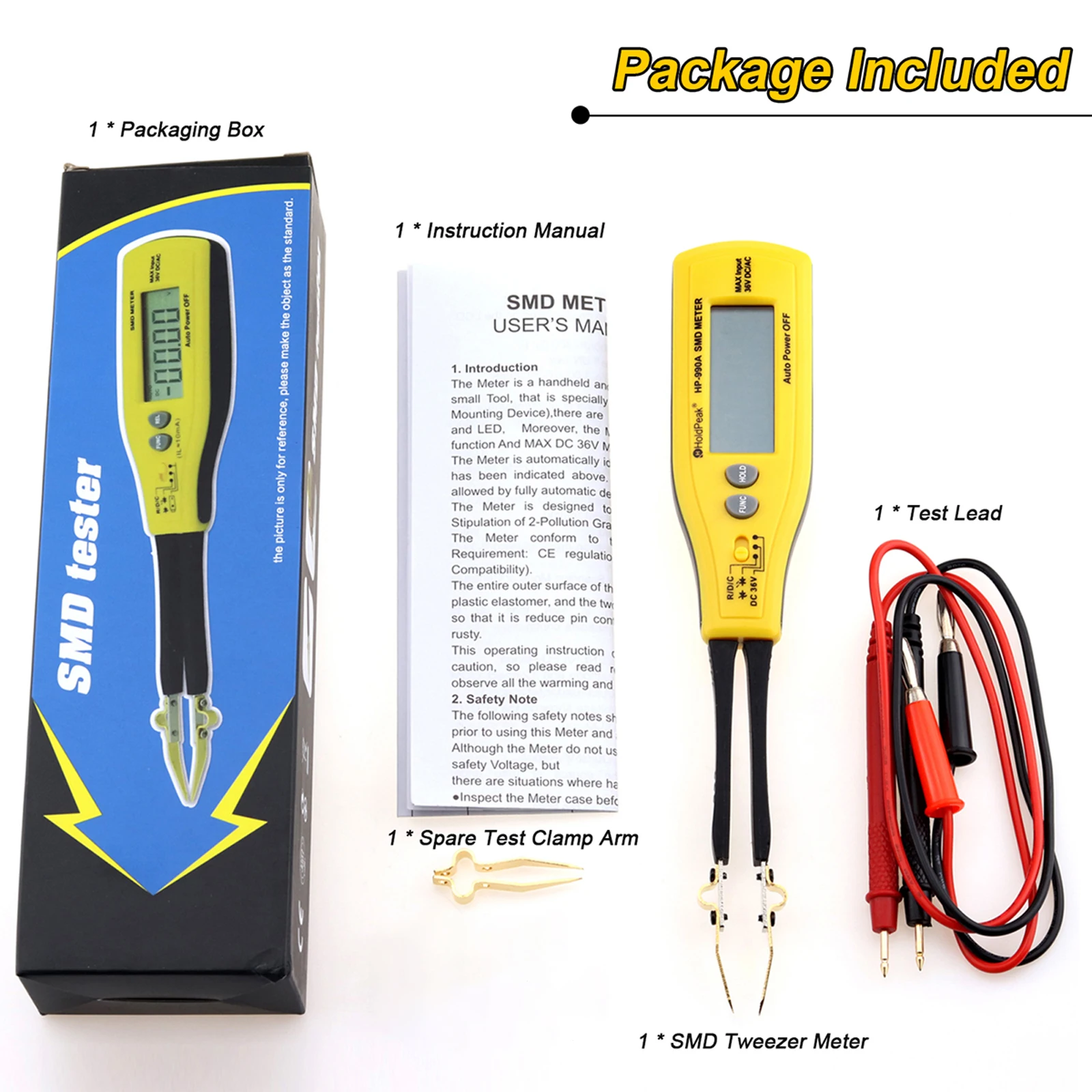 Digital Auto-Recognition Multimeter, SMD Portability Tester Tool, For Resistors Capacitors Diodes, LED & DC Voltage Up To 36V