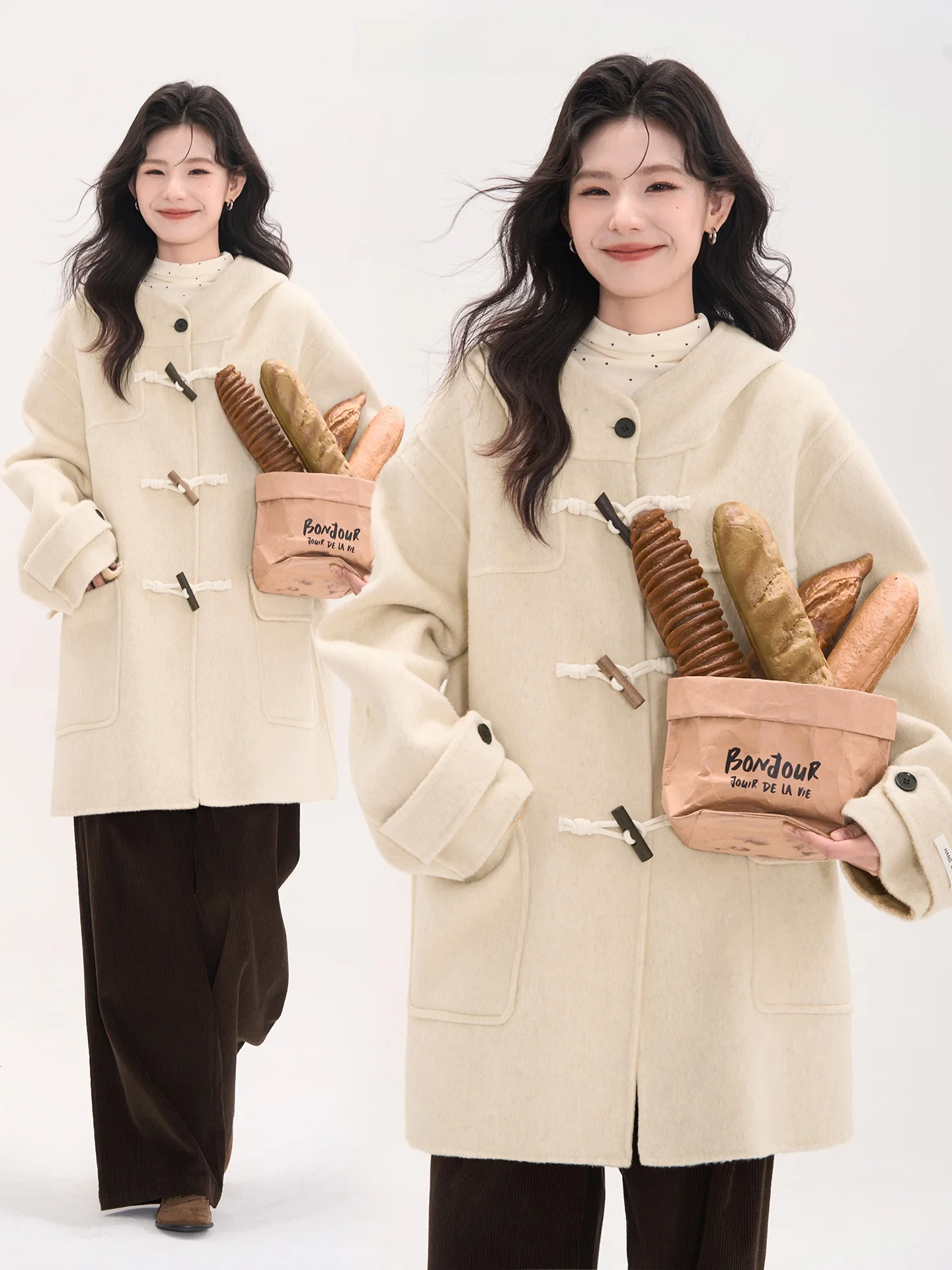 

Двустороннее шерстяное пальто с капюшоном, цветными деревянными пуговицами, зимнее женское повседневное утепленное пальто с длинными рукавами