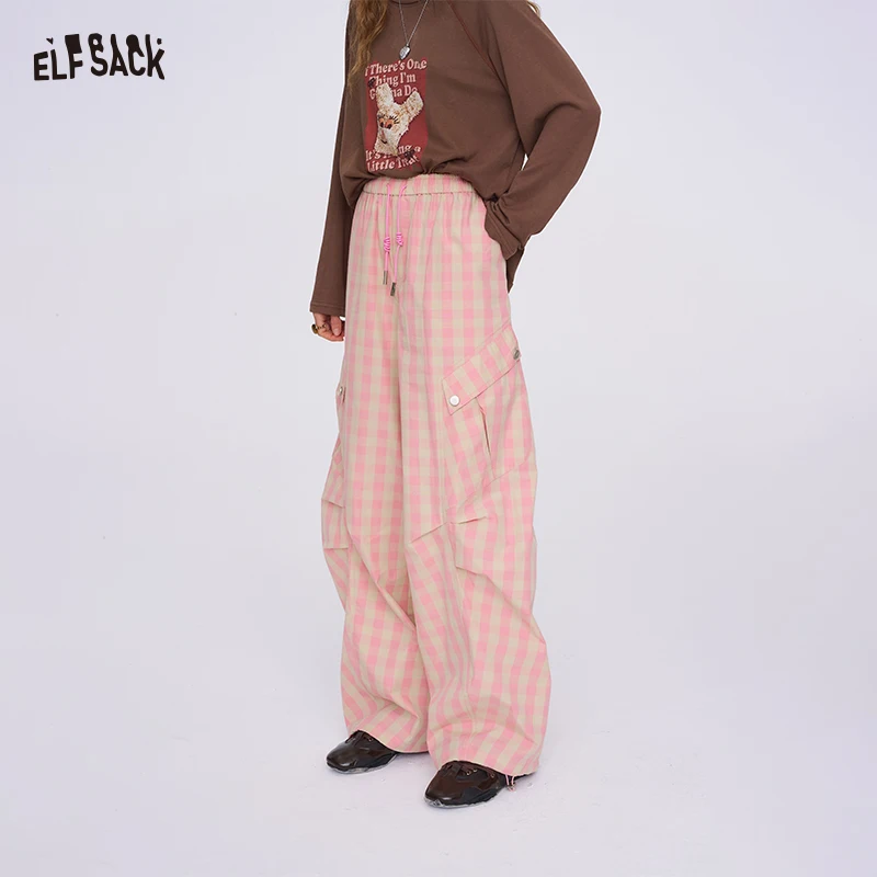 

ELFSACK 2025 Autumn New Arrival Casual Pink Check Wide-Leg Pants Lazy Style Trousers For Woman