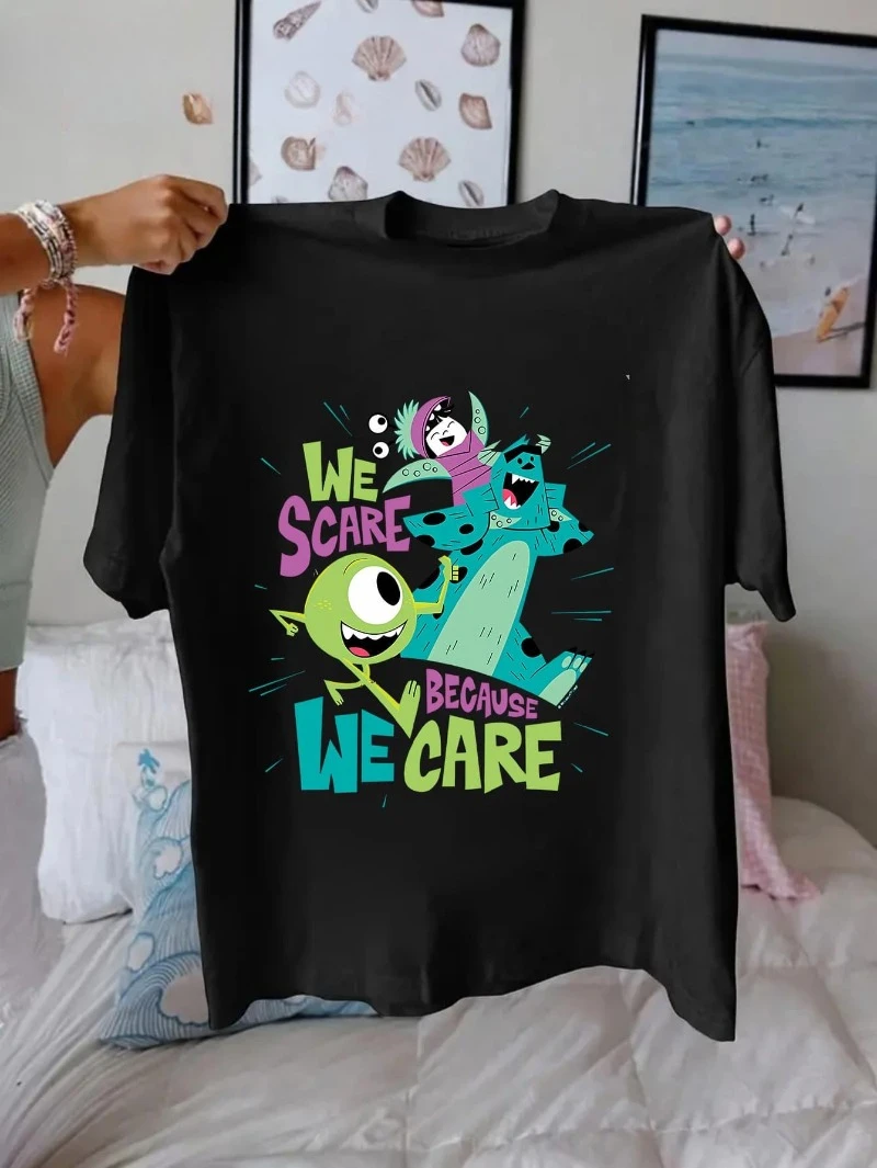 تي شيرت Disney Monsters Inc We Scare Carn We Care القطني للرجال والنساء - تي شيرت صيفي كاجوال مريح شعبي