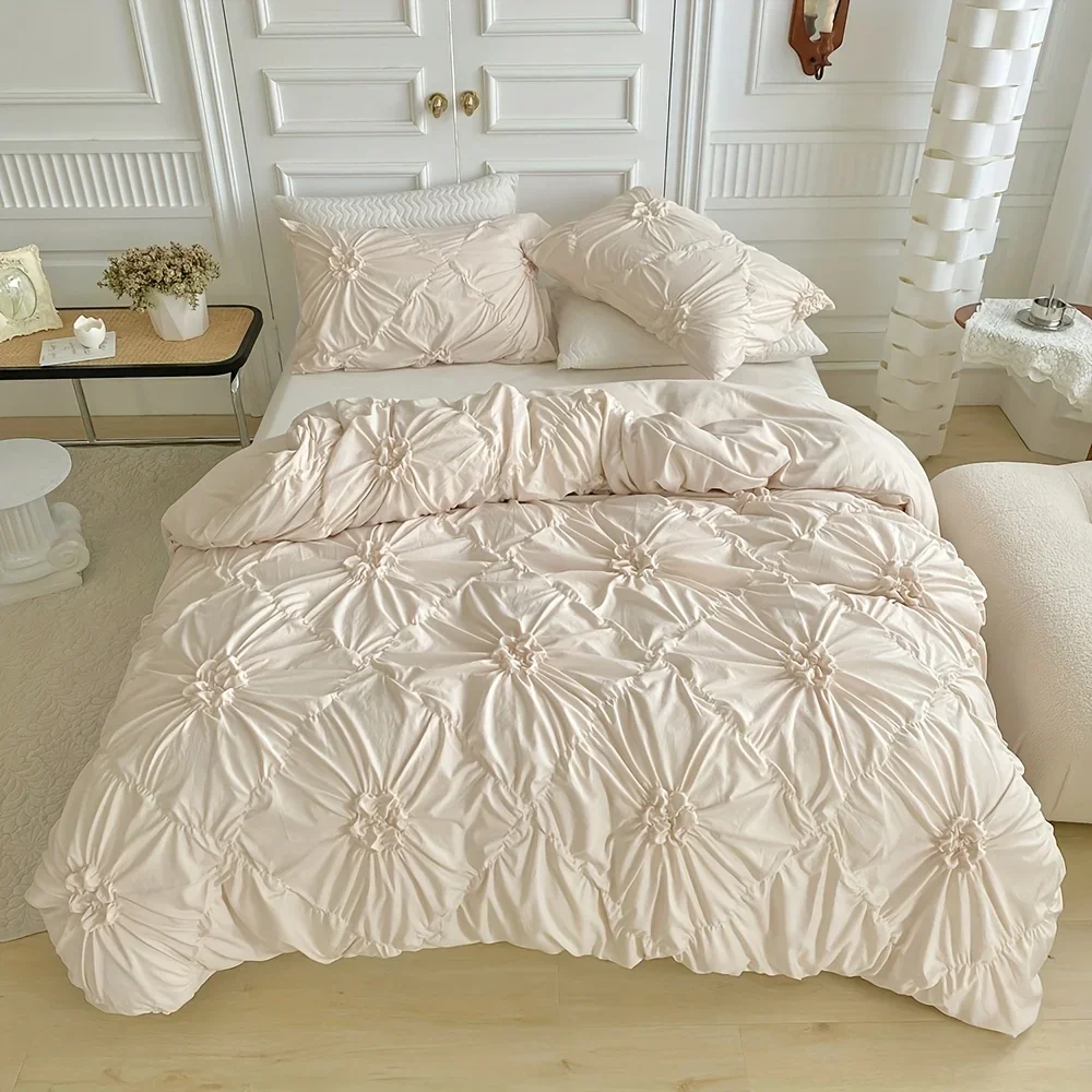 Beige Three-dimensional Flower Duvet Cover Set Queen Size Soft Bedding Set Bohemian Solid Color Quilt Cover Set for All Season