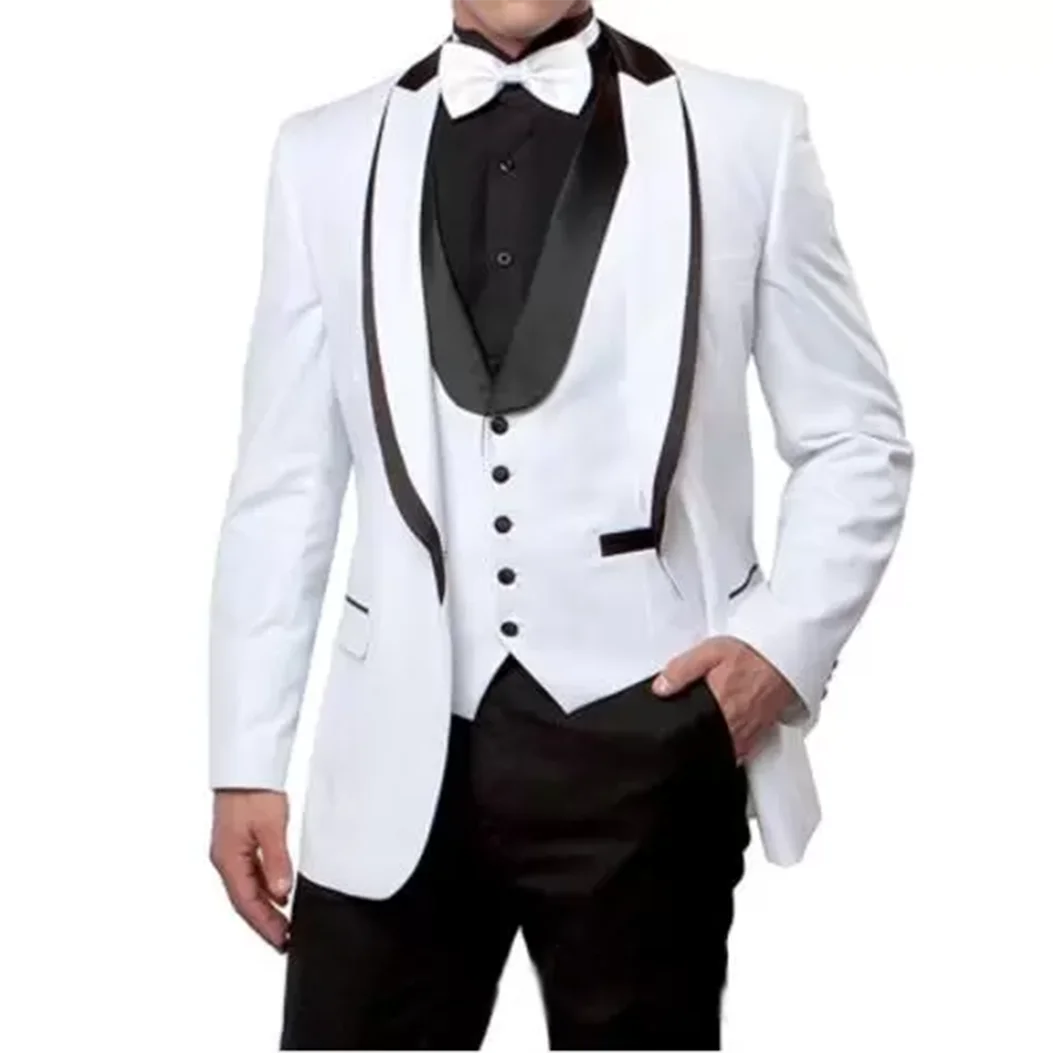 

Men Suits White Fashion Groom Tuxedos Slim Fit Business Casual Shawl Lapel 3 Piece （Blazer + Vest + Pants）Costume Homme
