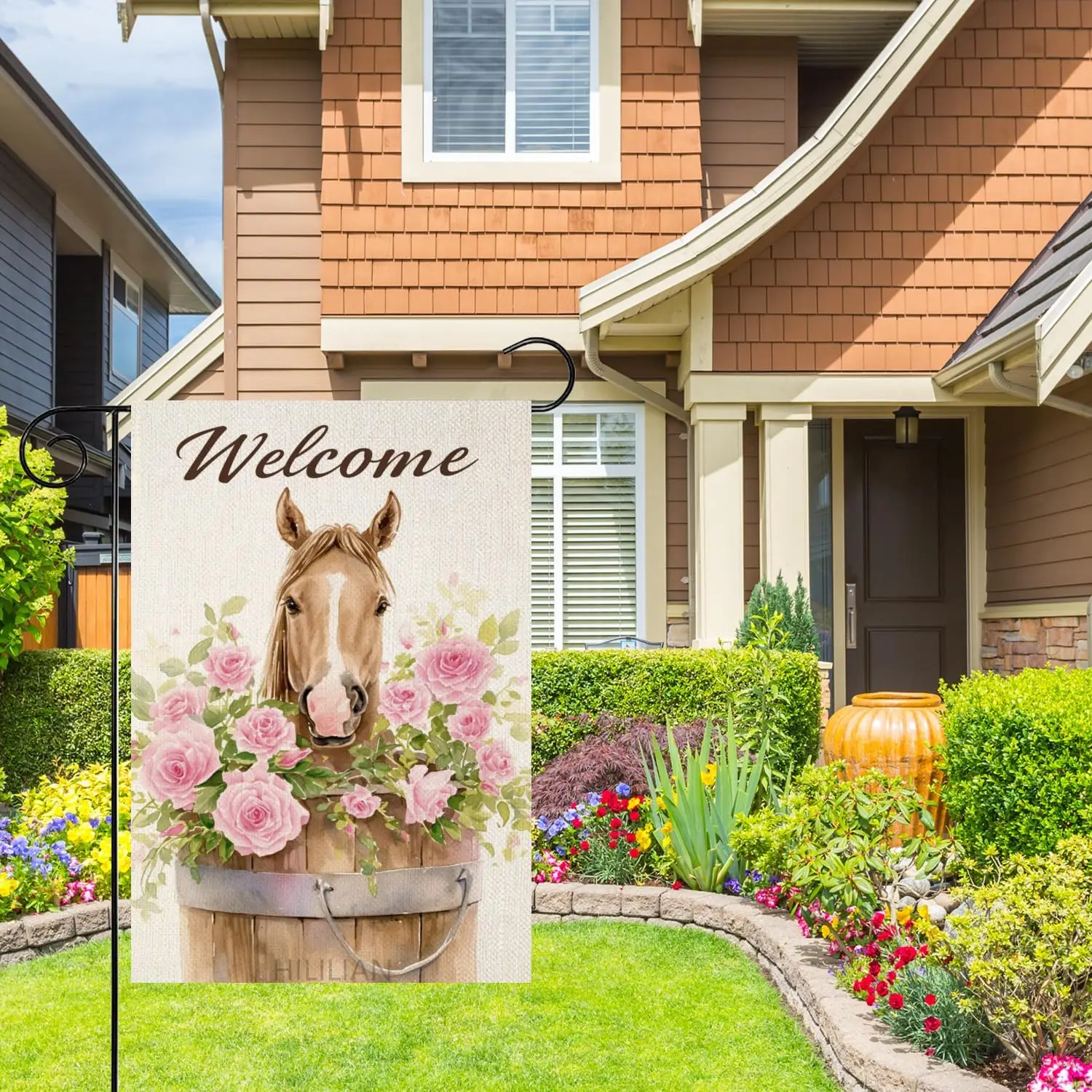 Welcome Spring Horse Garden Flag Double Sided 12x18 Inch Yard Flag Festival Polyester Decorative Home Farmhouse Patio Pink R SSL