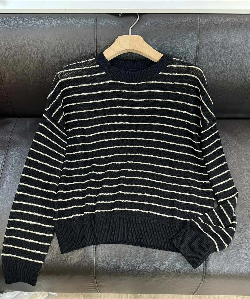 2024 Spring Women's Knitted Pullover Sweater Striped Casual Long-Sleeved Top New  BC