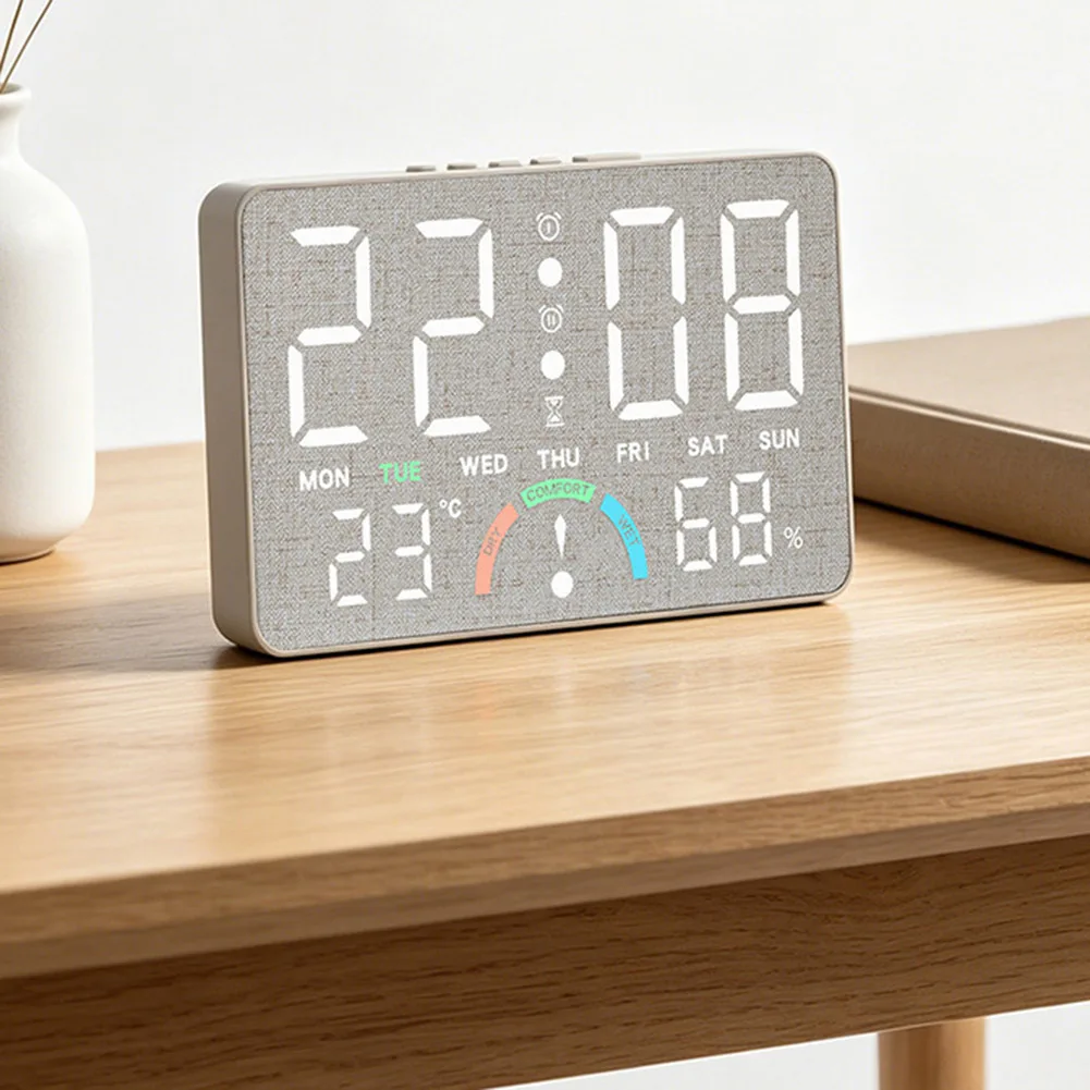 LED Electronic Clock with Temperature Humidity Indicator Large Screen Wall or Table Mount Dual Alarm Function 10x16x3.3cm