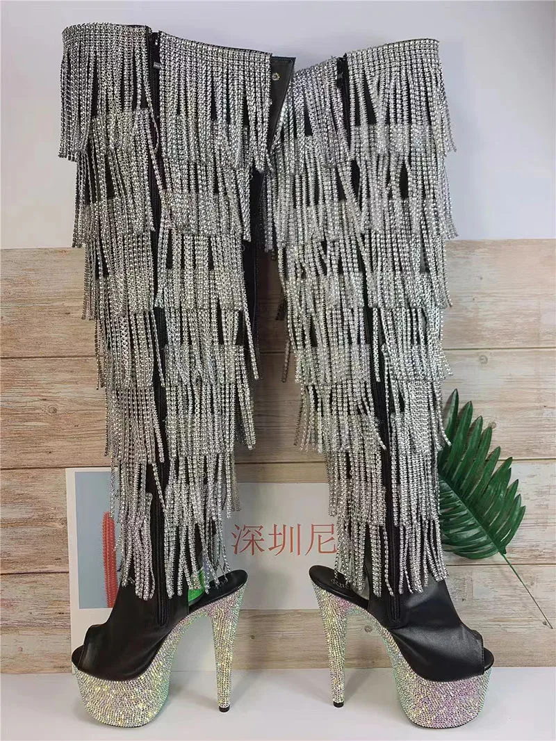 LAIJIANJINXIA New Platform Boots Fringe Dress Party Sexy Fetish Stripper Women Pole Dance Shoes Models Show Nightclub Rhinestone