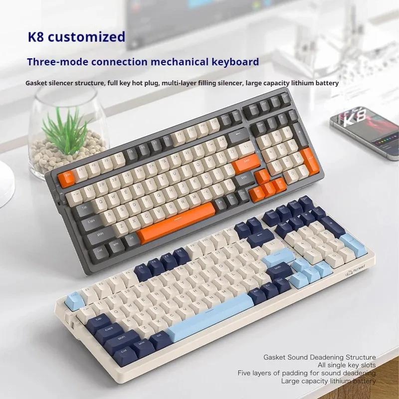 

Free Wolf K8 100 Keys Wireless Mechanical Keyboard Full Key Hot Swap Light Effects Gasket Muffler Structure Tri-mode Connection