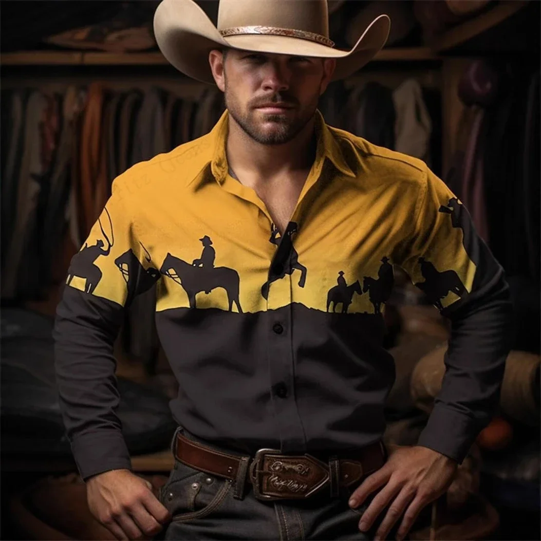 Men's long sleeve European retro western denim 3D printed shirt Men's fashionable casual business button shirt Outdoor top