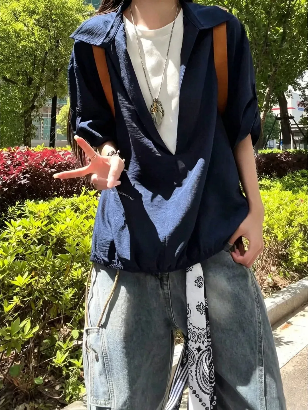 Lightweight Short Sleeve Shirt V-Neck Fake Two-Piece Couples Outerwear Loose Fit Breathable Polyester Summer Fashion Youthful
