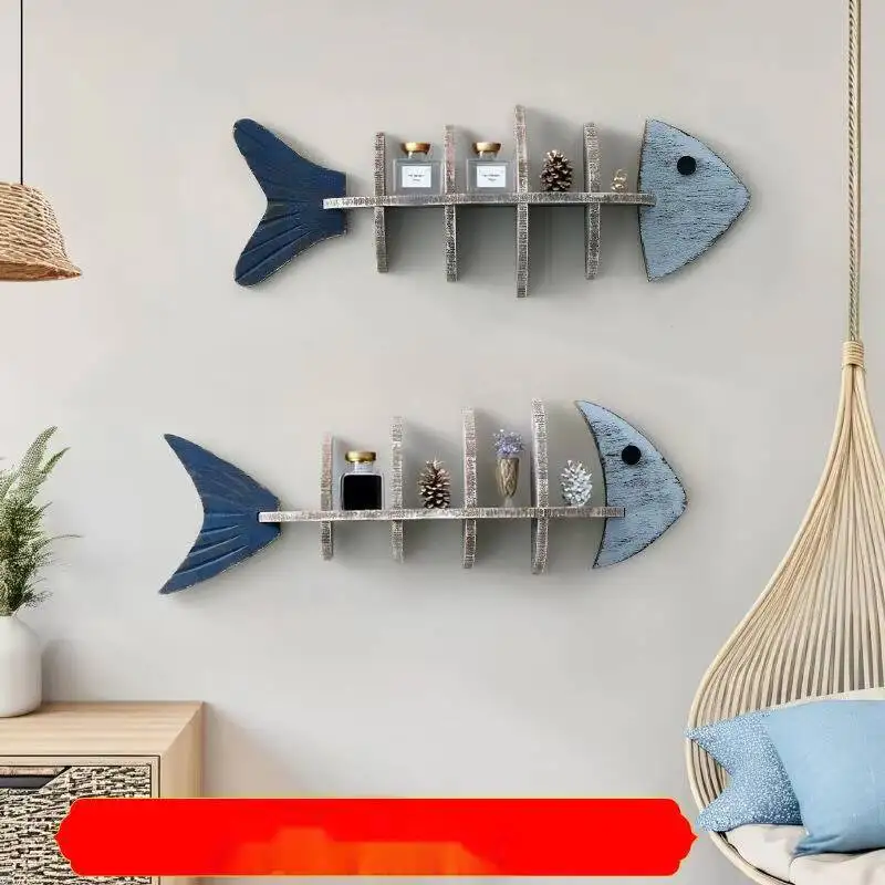 New Nordic Style Wooden Fish Rack Wall Shelf Coffee Shop Living Room Decorative Hanging Wall Partition Bookshelf