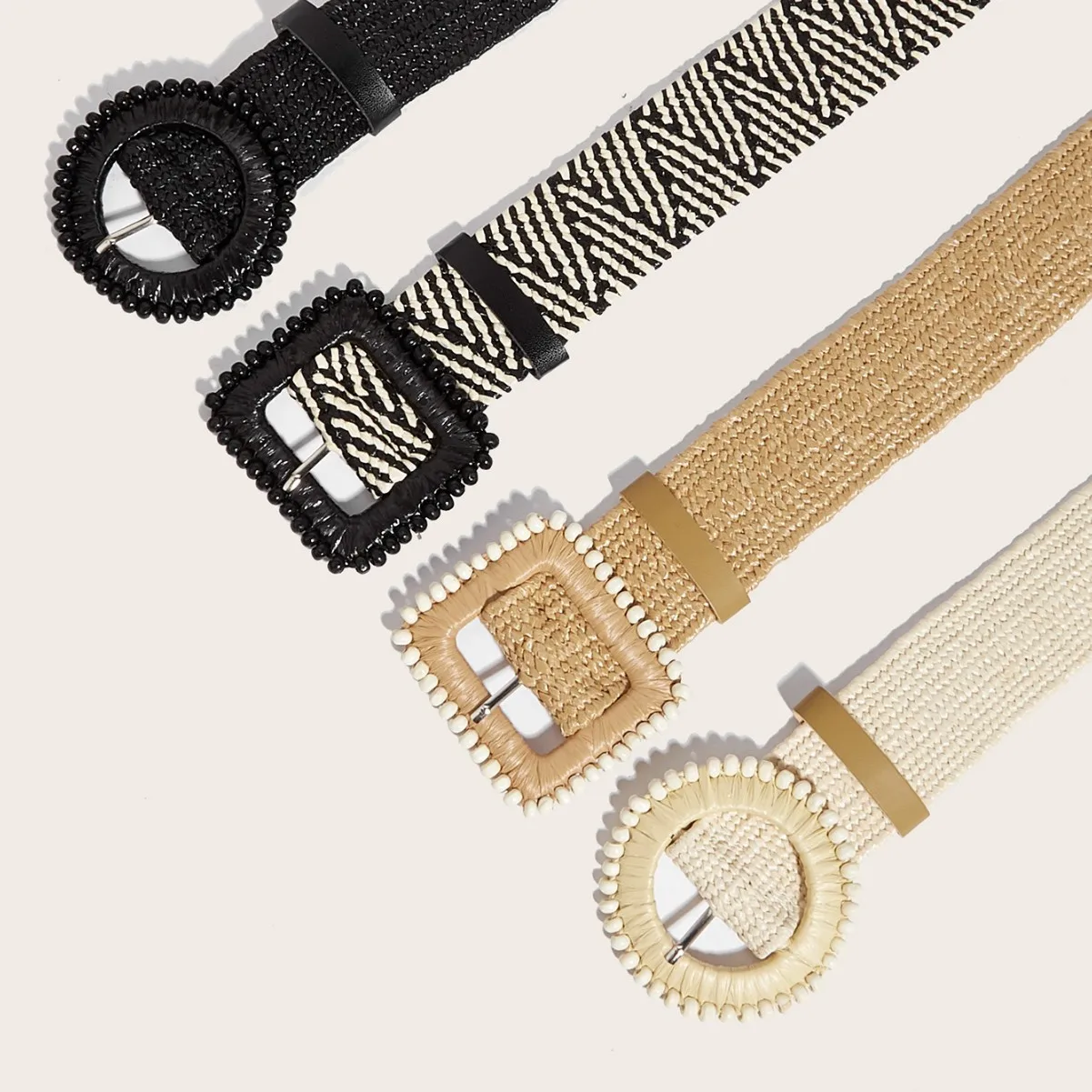 المرأة جولة مربع مشبك حزام جديد الكورية نمط القطن والكتان العشب المنسوجة فستان قميص طويل الزخرفية متماسكة البيج 100 سنتيمتر #3