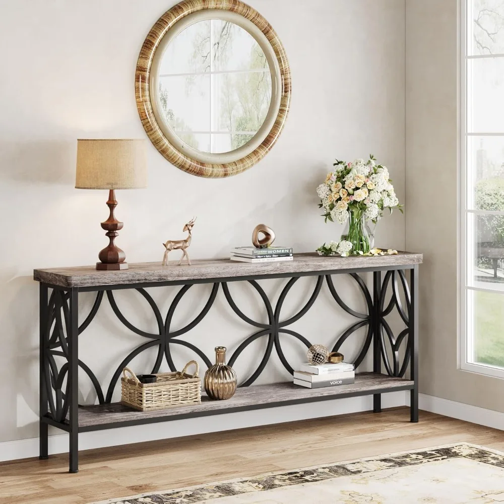 70.9-Inch Industrial Sofa Table, 2-Tier Narrow Console Table with Storage for Living Room, Entryway, Hallway, Vintage Grey