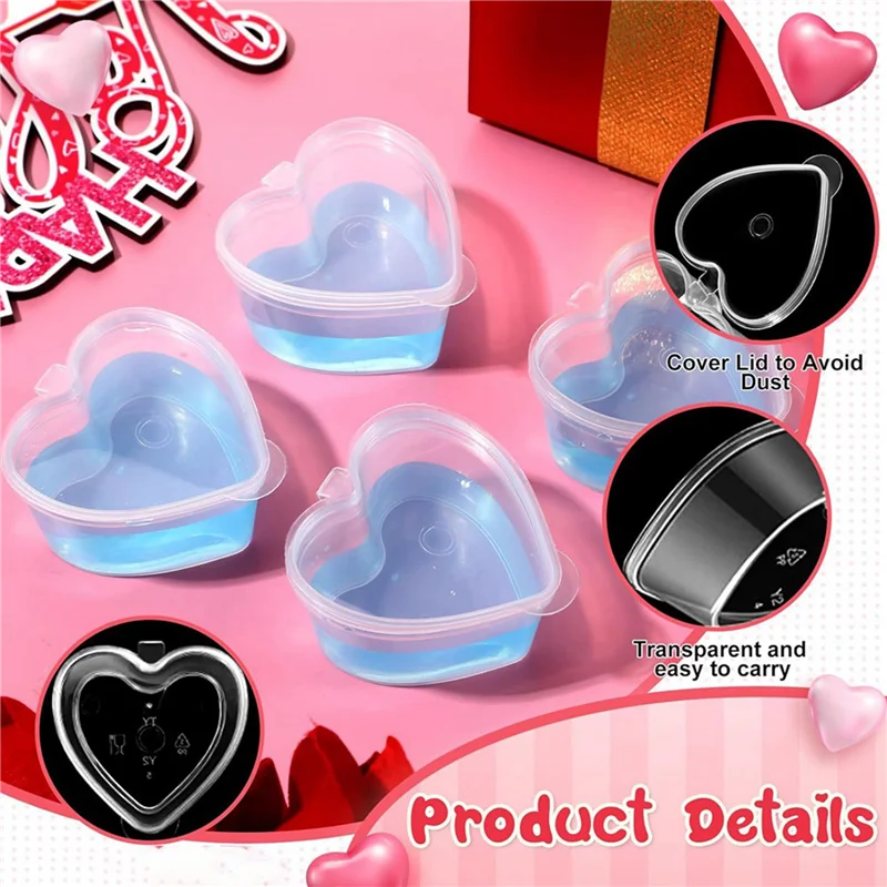 

ABRS-200 Pcs 2.4 Oz Valentine's Day Heart Shaped Containers Plastic Box With Lids Reusable Small Portion Cups