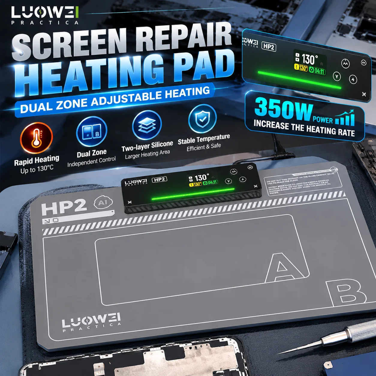 LUOWEI LW-HP2 15 Inch LCD Screen Repair Heating Pad Dual-Zone Adjustable Temperature Silicone Mat For Phone Tablet Repair