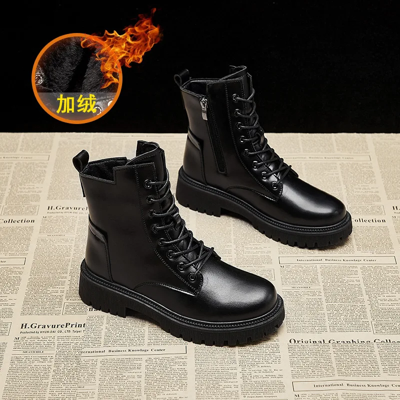 Rendy British รองเท้าบูทสู้รบขั้นสูงหนาพื้นรองเท้าหนาสำหรับผู้หญิง2023 sepatu BOOT pendek sepatu BOOT kasual รถจักรยานยนต์นักเรียน