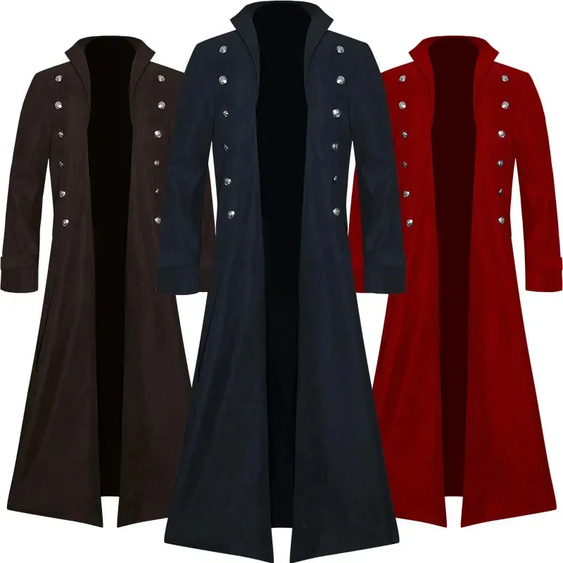 

Mileval Renaissance men long coat trench cosplay costume Middle ages retro court nobles clothes black red brown jacket s-2xl