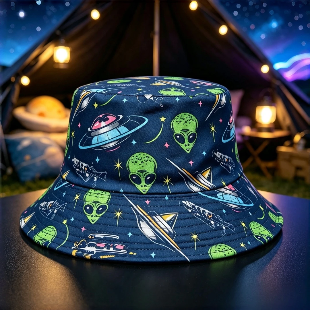Men's and women's style. Outer space alien bucket hat. UFO star print. Fisherman hat. Sci-fi street fashion. Wide brim outdoor t