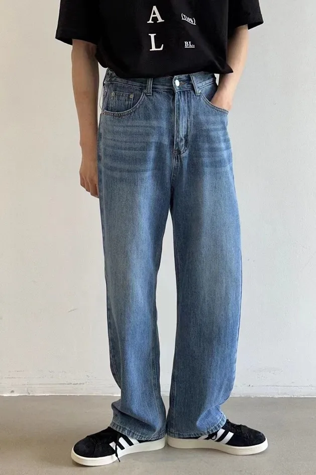 

Мужские джинсы свободного прямого кроя с высокой талией в корейском стиле, повседневные, струящиеся, длинные брюки, универсальные, модные, классические, из синего денима