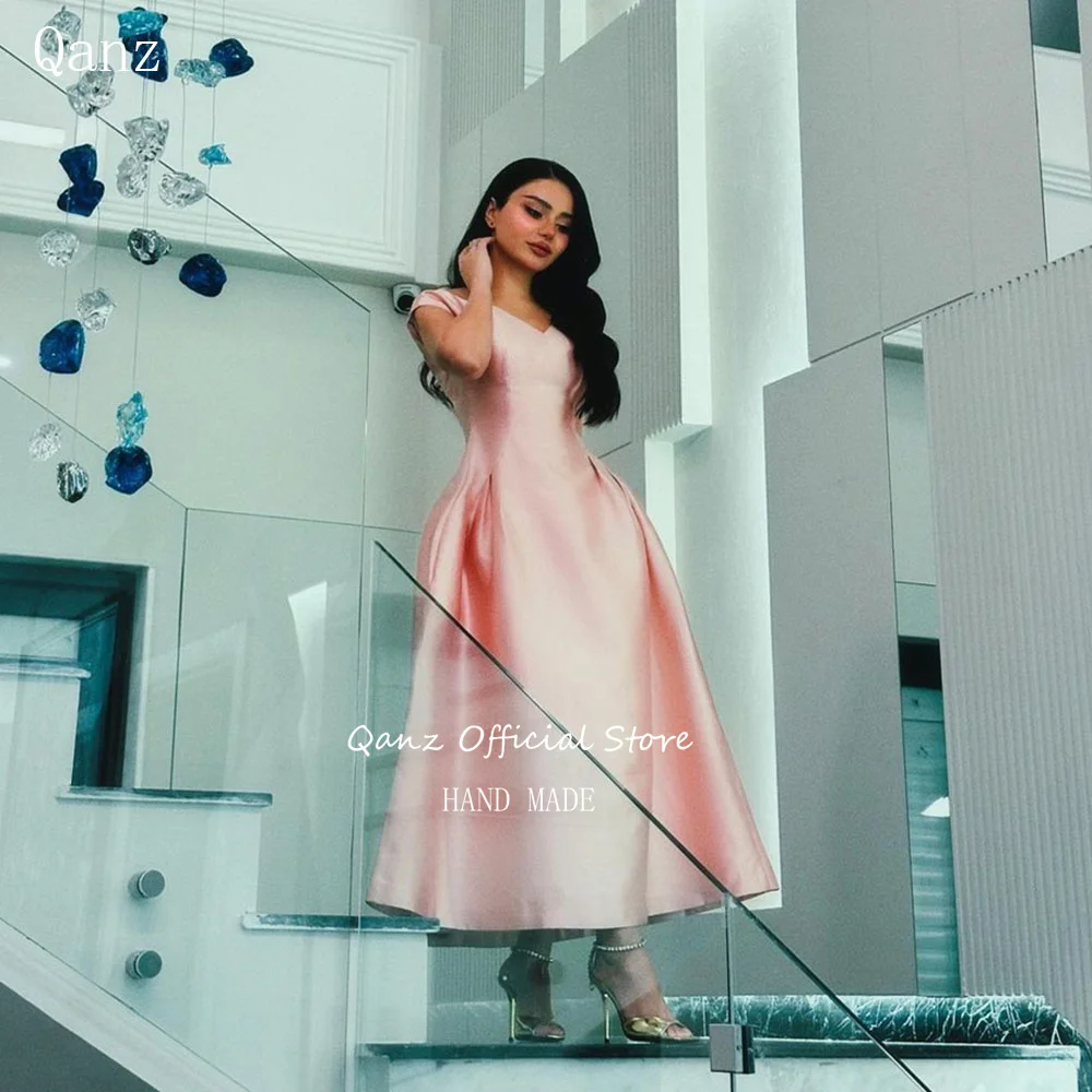 

Qanz Dubai Evening Dresses Vintage Satin Pink Vestidos De Fiestas Elegantes Mujer Cap Sleeves Formal Occasion Dresses Customized