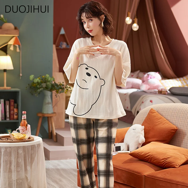 DUOJIHUI Summer Chic Printed Two Piece Home Pajamas for Women Korean New O-neck Pullover Simple Pant Fashion Female Pajamas Sets