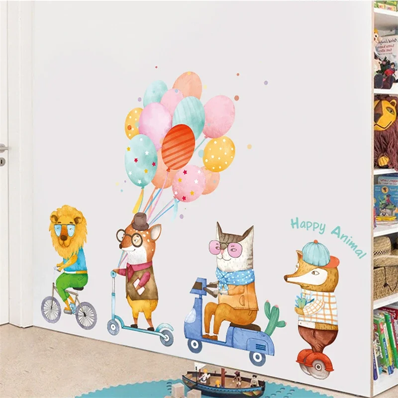 2025 1PC Large Cartoon Animals Wall Decor Happy Lion Fox Riding Wall Stickers Colorful Balloon For Kids Room Home Decor Funn