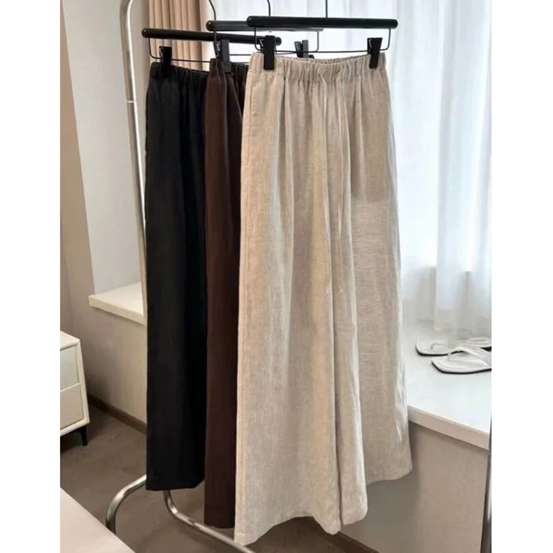 Waist Cotton Linen Women Wide Leg Pants Summer Thin Loose Casual Pants Korean Fashion Solid All-match Straight Trousers